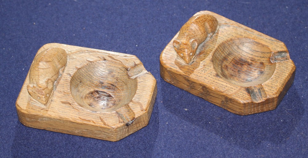 Two Robert Thompson Mouseman carved oak ashtrays, 10cm